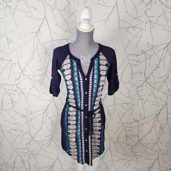 Tiny Navy Artsy Geometric Embroidered Button Up Nadia Shirt Dress - Picture 2 of 7